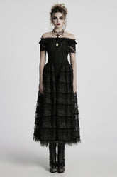 Black Off Shoulder Short Sleeves Multi-Layered Embroidery Women's Punk Dress